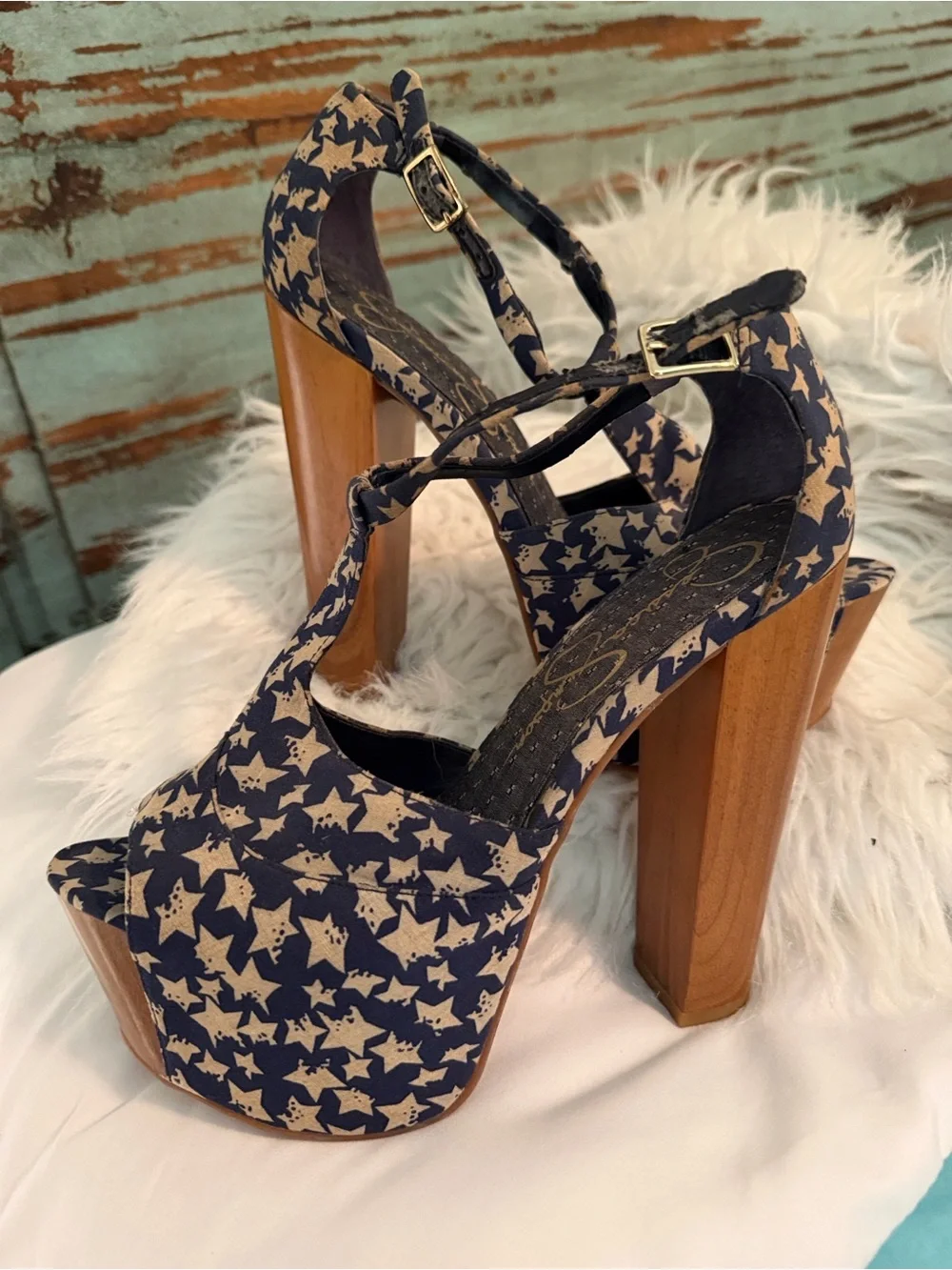 Jessica Simpson Navy and Cream Star-Print Platform Peep-Toe Heels